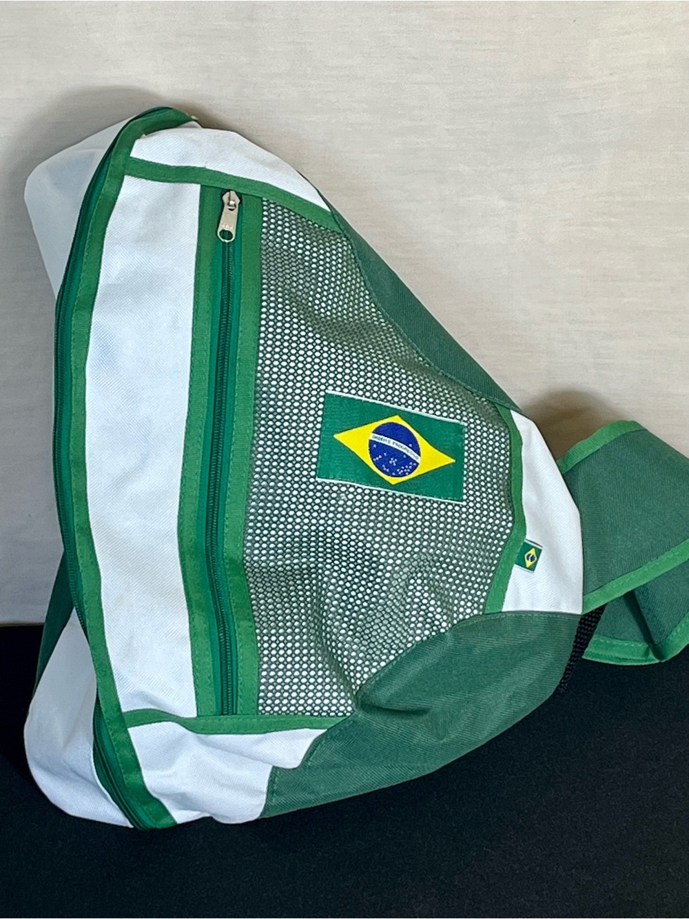 Vintage Y2K Brazil Flag Green White Mesh Sling Backpack Crossbody Bag 2000s